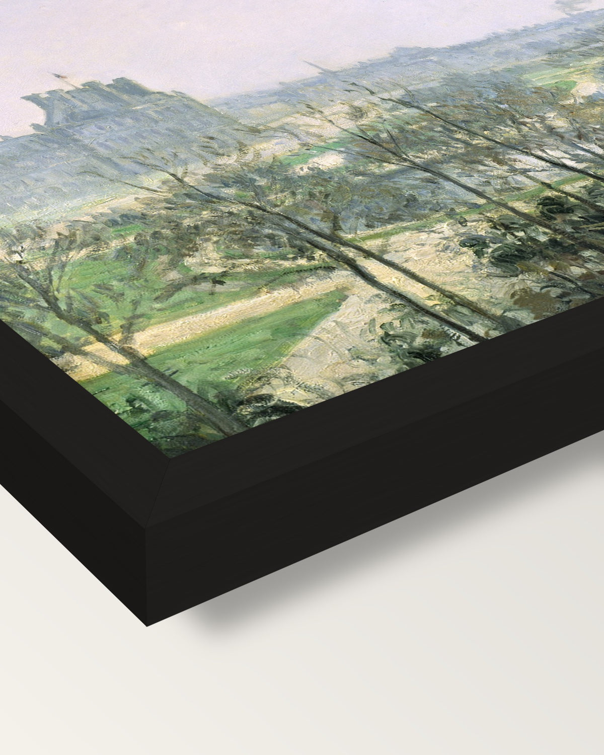 Tuileries Gardens by Pissarro framed print, corner close-up: black moulding, mitred, the print set just below its edge