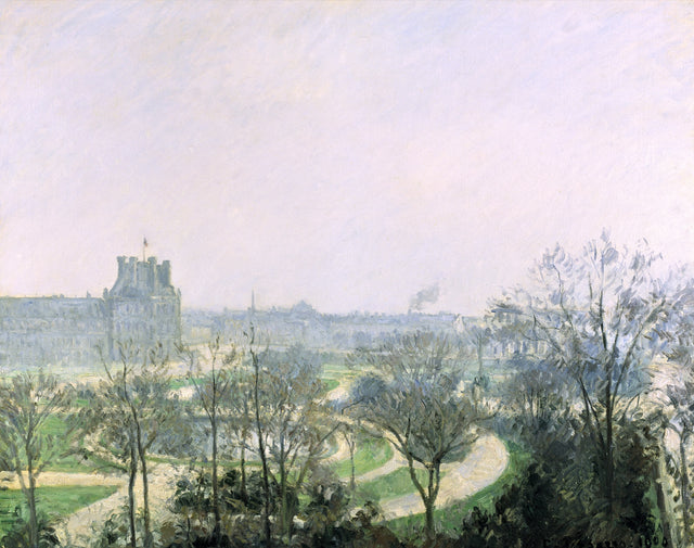 The Tuileries Gardens, Paris by Pissarro: the gardens from above, bare trees, paths and a pale sky over Paris