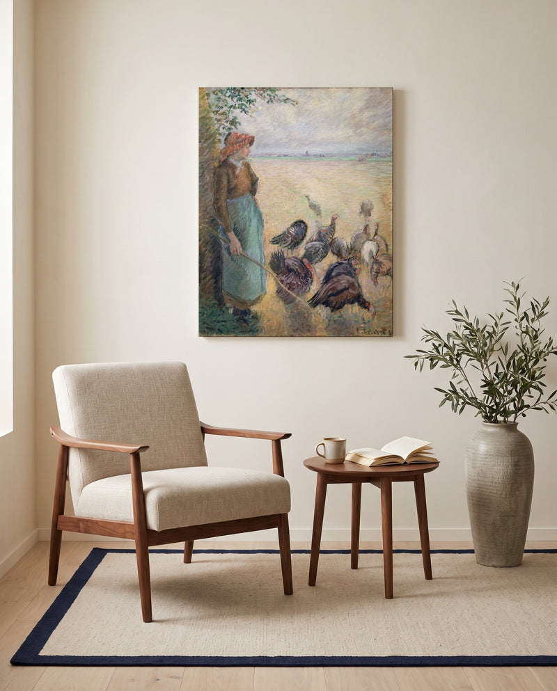 Turkey Girl by Camille Pissarro as a stretched canvas above a linen lounge chair in a reading corner