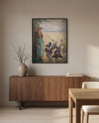 Turkey Girl by Camille Pissarro in a black frame above a walnut sideboard in a dining room