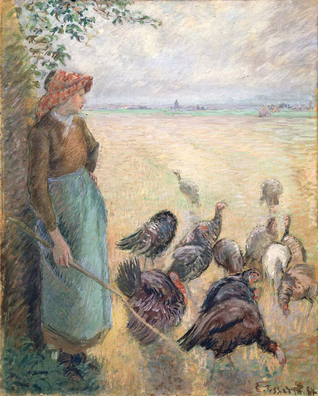 Turkey Girl by Pissarro: a young woman in a red headscarf and blue apron leans on a tree, watching a flock of turkeys