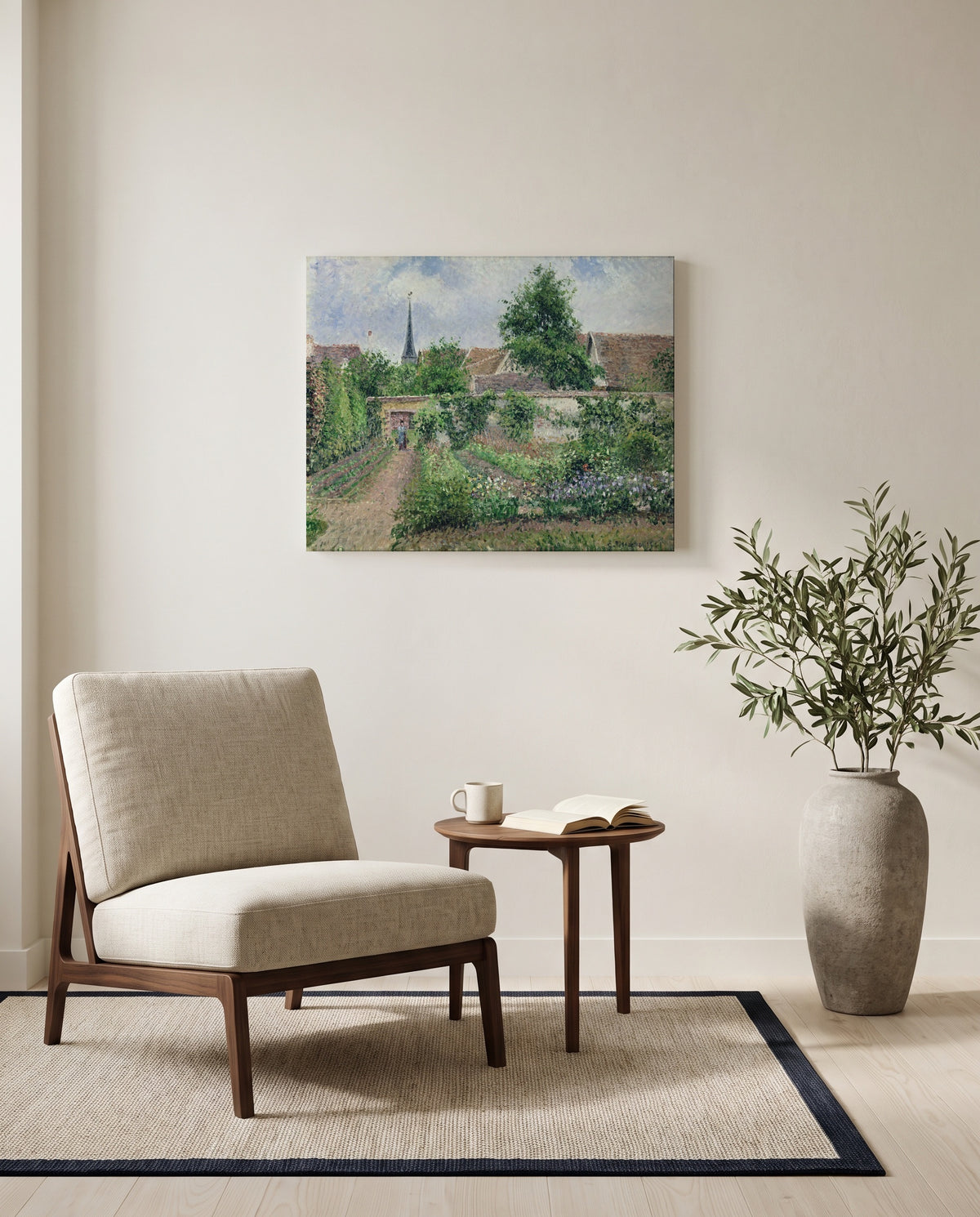Vegetable Garden, Éragny by Camille Pissarro as a stretched canvas above a linen lounge chair in a reading corner