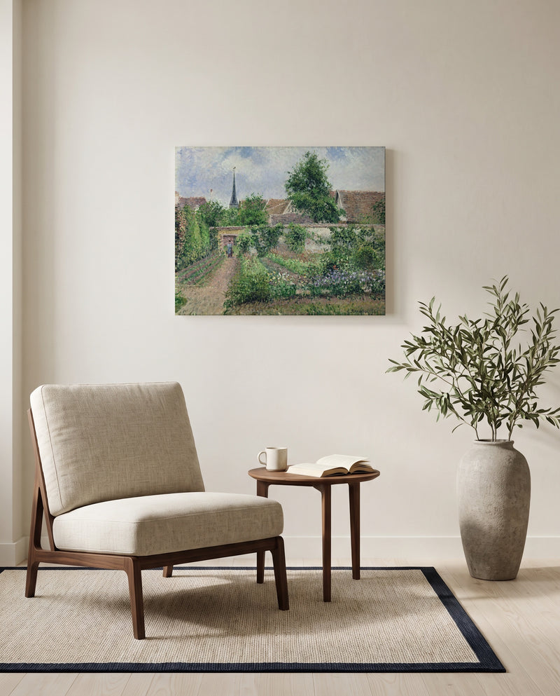 Vegetable Garden, Éragny by Camille Pissarro as a stretched canvas above a linen lounge chair in a reading corner