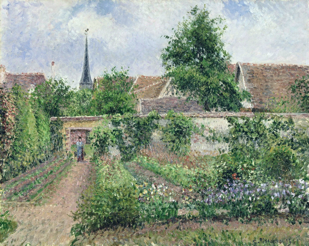 Vegetable Garden, Overcast Morning, Éragny by Pissarro: raised garden beds of greens and flowers, trees and a church spire