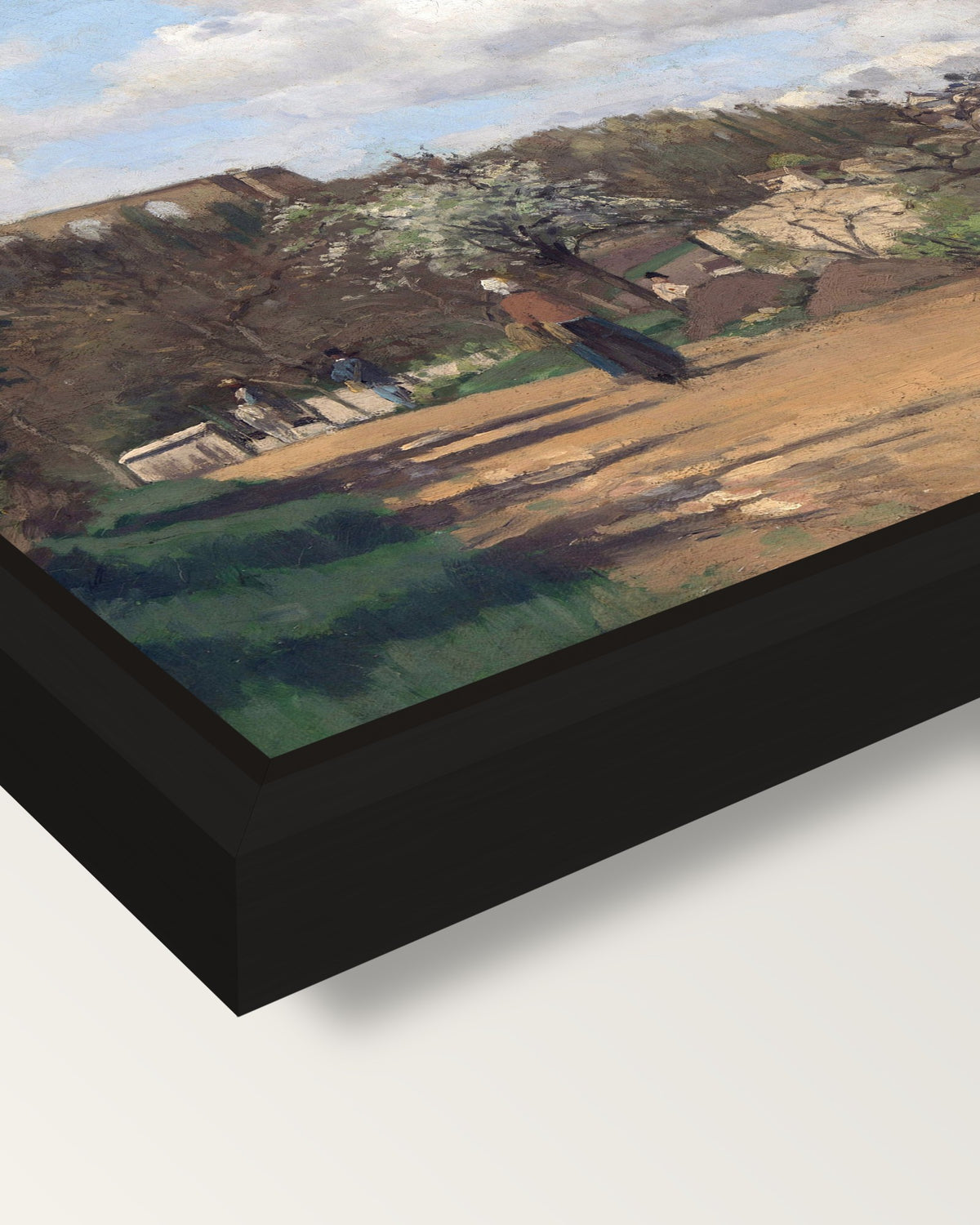 View from Louveciennes by Pissarro framed canvas, corner close-up: a black floating frame with a shadow gap round the canvas