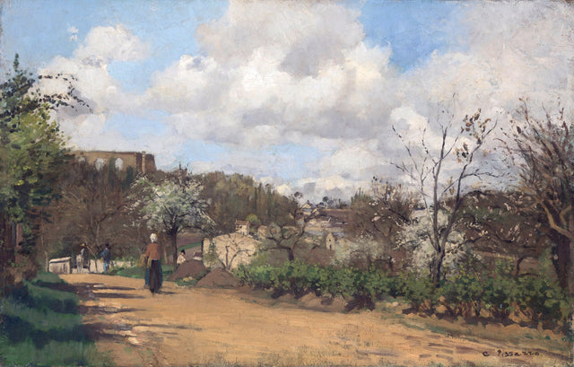 View from Louveciennes by Pissarro: a country road past orchards and a wall, small figures walking, big white clouds