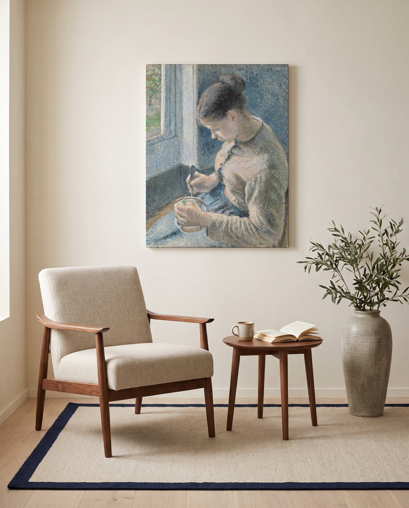 Young Peasant with Coffee by Camille Pissarro as a stretched canvas above a linen lounge chair in a reading corner