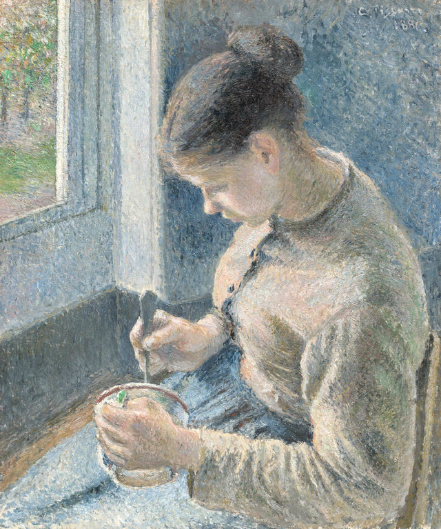 Young Peasant Having Her Coffee by Pissarro: a young woman in a grey wool dress by a window, holding a cup and spoon