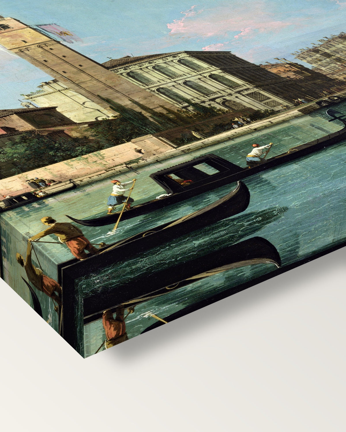 Entrance to the Cannaregio by Canaletto on stretched canvas, corner close-up: the painting mirror-wrapped round the sides