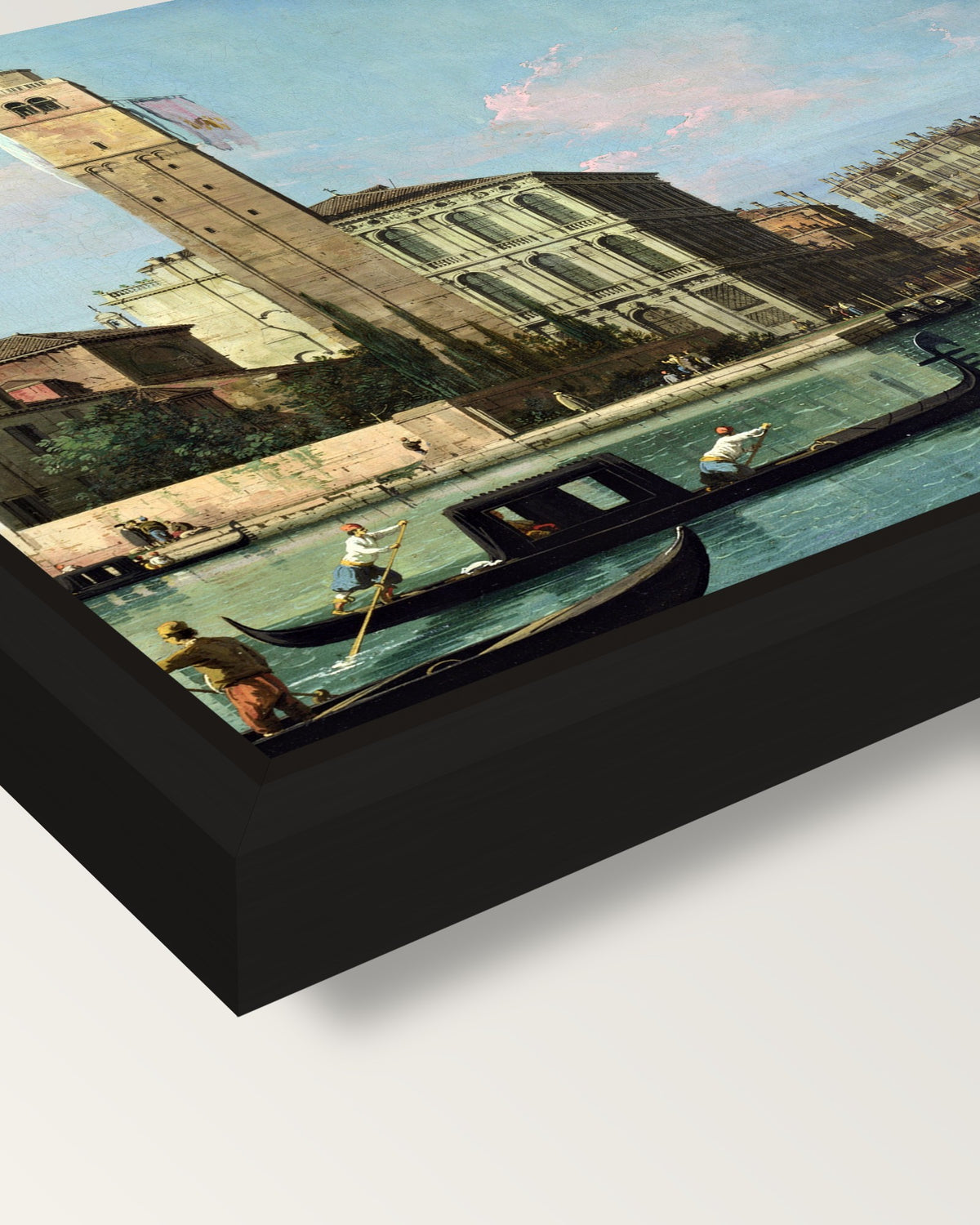 Entrance to the Cannaregio framed canvas, corner close-up: a black floating frame with a shadow gap round the canvas