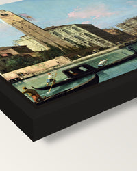 Entrance to the Cannaregio framed canvas, corner close-up: a black floating frame with a shadow gap round the canvas