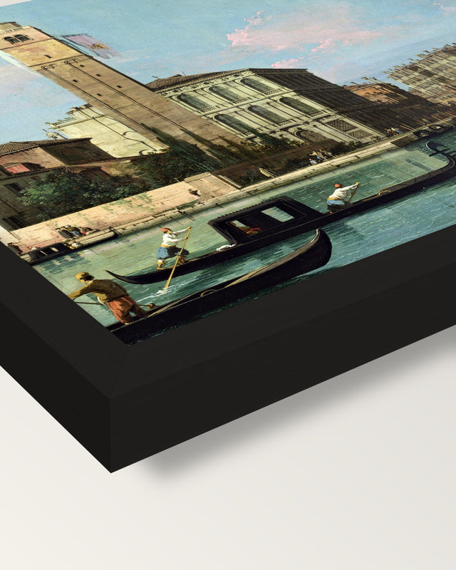 Entrance to the Cannaregio framed print, corner close-up: black moulding, mitred, the print set just below its edge