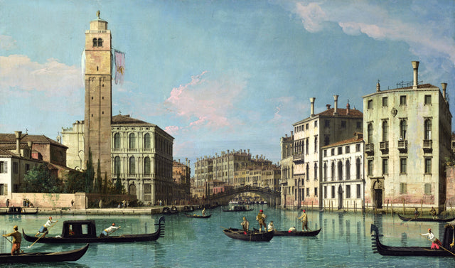 Entrance to the Cannaregio by Canaletto: gondolas on a canal before a bell tower, palaces and a stone bridge in Venice
