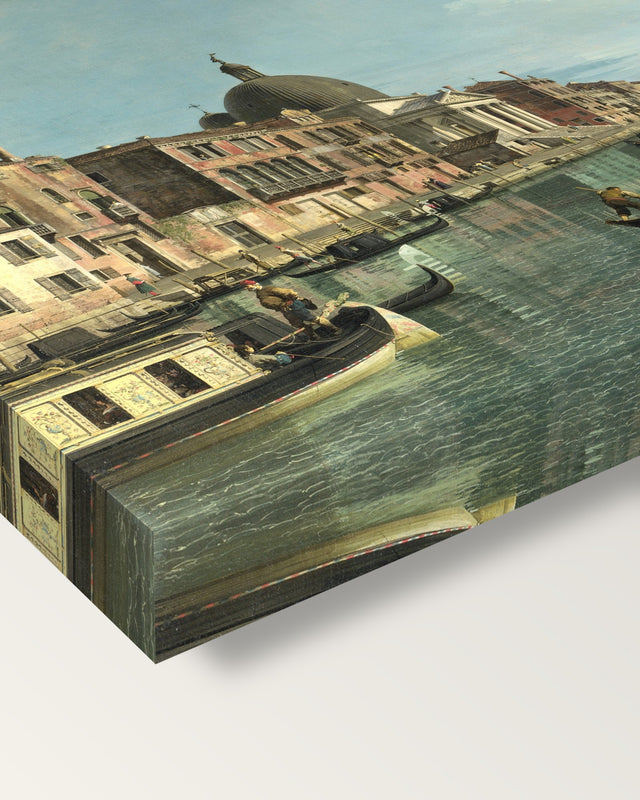 Grand Canal, S. Simeone by Canaletto on stretched canvas, corner close-up: the painting mirror-wrapped round the sides
