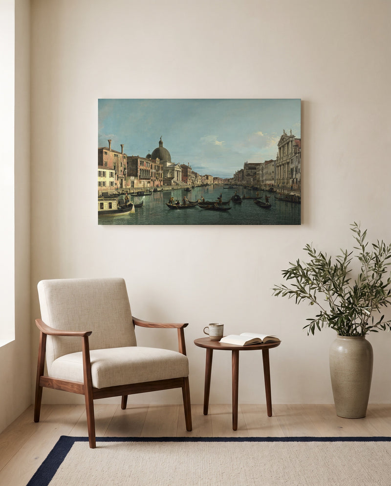 Grand Canal, S. Simeone by Canaletto as a stretched canvas above a linen lounge chair in a reading corner
