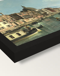 Grand Canal, S. Simeone by Canaletto framed print, corner close-up: black moulding, mitred, the print set just below its edge