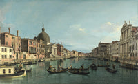 The Grand Canal with S. Simeone Piccolo by Canaletto: a domed church, palaces and gondolas on the canal under a blue sky