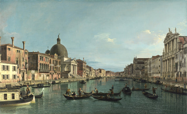The Grand Canal with S. Simeone Piccolo by Canaletto: a domed church, palaces and gondolas on the canal under a blue sky