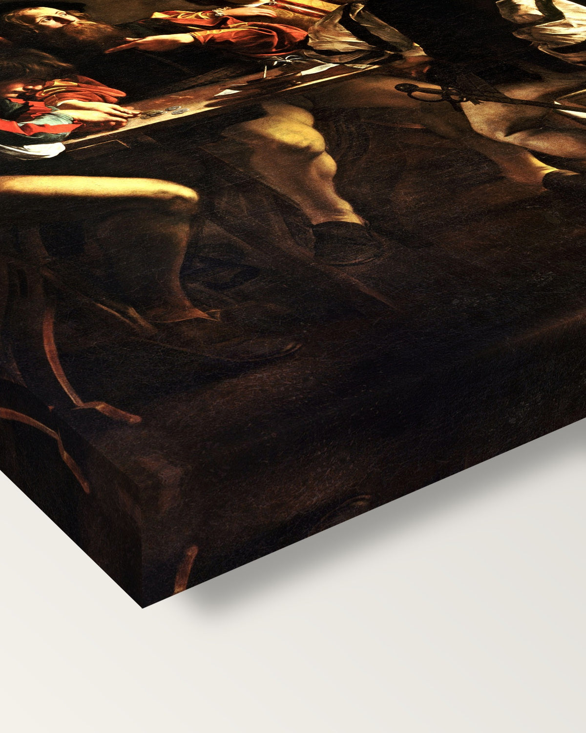 The Calling of Saint Matthew by Caravaggio on stretched canvas, corner close-up: the painting mirror-wrapped round the sides