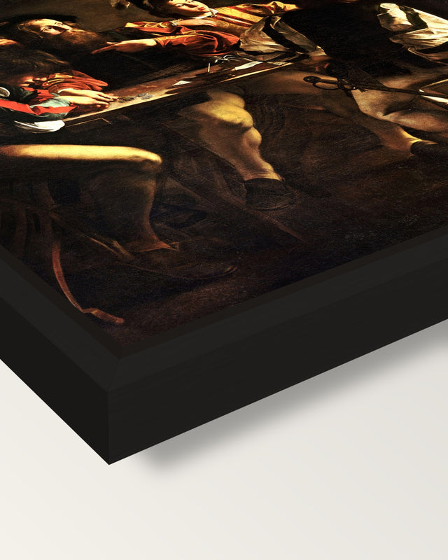 The Calling of Saint Matthew framed canvas, corner close-up: a black floating frame with a shadow gap round the canvas