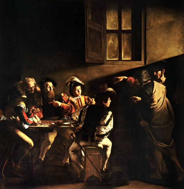 The Calling of Saint Matthew by Caravaggio: Christ points from a dark doorway at a man counting coins at a table