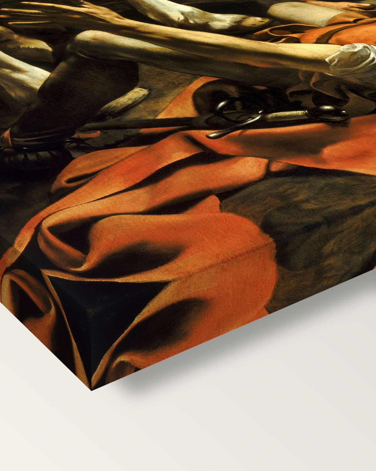 The Conversion of Saul by Caravaggio on stretched canvas, corner close-up: the painting mirror-wrapped round the sides