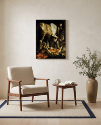 The Conversion of Saul by Caravaggio as a stretched canvas above a linen lounge chair in a reading corner