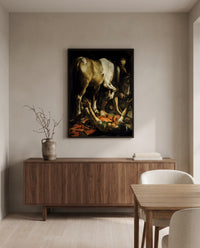 The Conversion of Saul by Caravaggio in a black frame above a walnut sideboard in a dining room