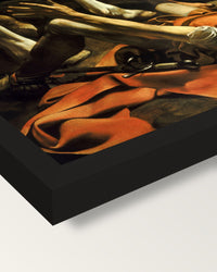 The Conversion of Saul by Caravaggio framed print, corner close-up: black moulding, mitred, the print set just below its edge