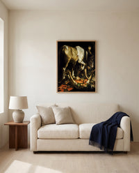 The Conversion of Saul by Caravaggio framed in natural oak above a cream sofa in a warm living room