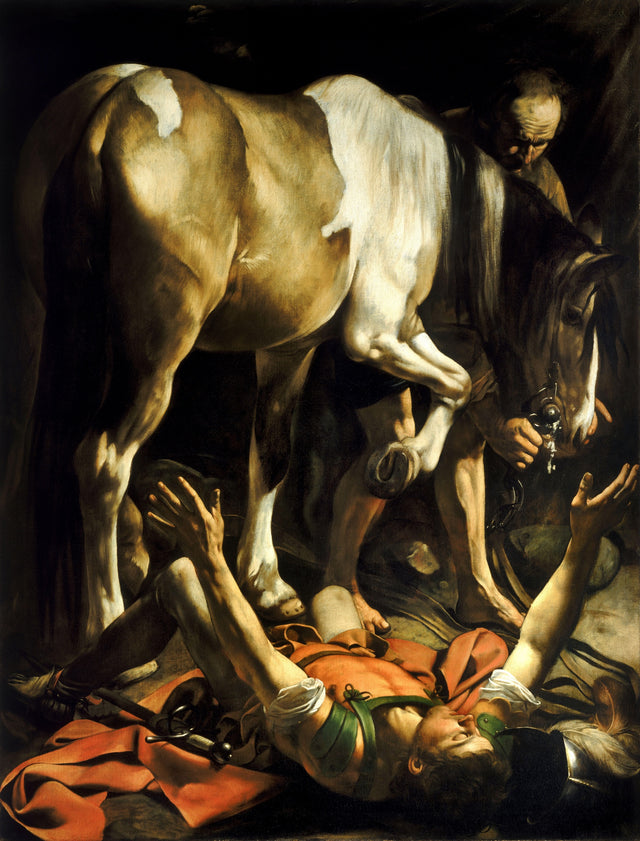 Conversion on the Way to Damascus by Caravaggio: a man on his back under a great piebald horse, arms raised to the light