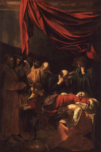 Death of the Virgin by Caravaggio: Mary in a red dress lying dead, apostles grieving around her under a huge red curtain