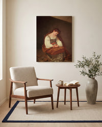 Penitent Magdalene by Caravaggio as a stretched canvas above a linen lounge chair in a reading corner