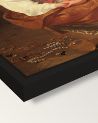 Penitent Magdalene by Caravaggio framed canvas, corner close-up: a black floating frame with a shadow gap round the canvas