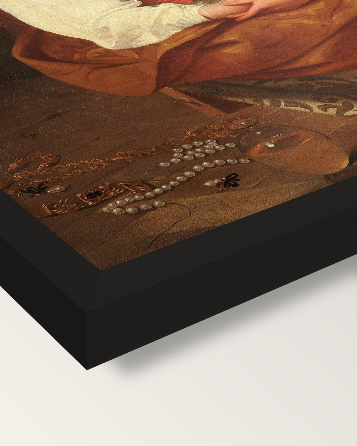 Penitent Magdalene by Caravaggio framed print, corner close-up: black moulding, mitred, the print set just below its edge