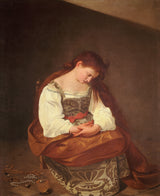 Penitent Magdalene by Caravaggio: a red-haired young woman seated with head bowed, jewellery and a glass bottle on the floor