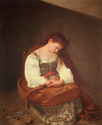 Penitent Magdalene by Caravaggio: a red-haired young woman seated with head bowed, jewellery and a glass bottle on the floor