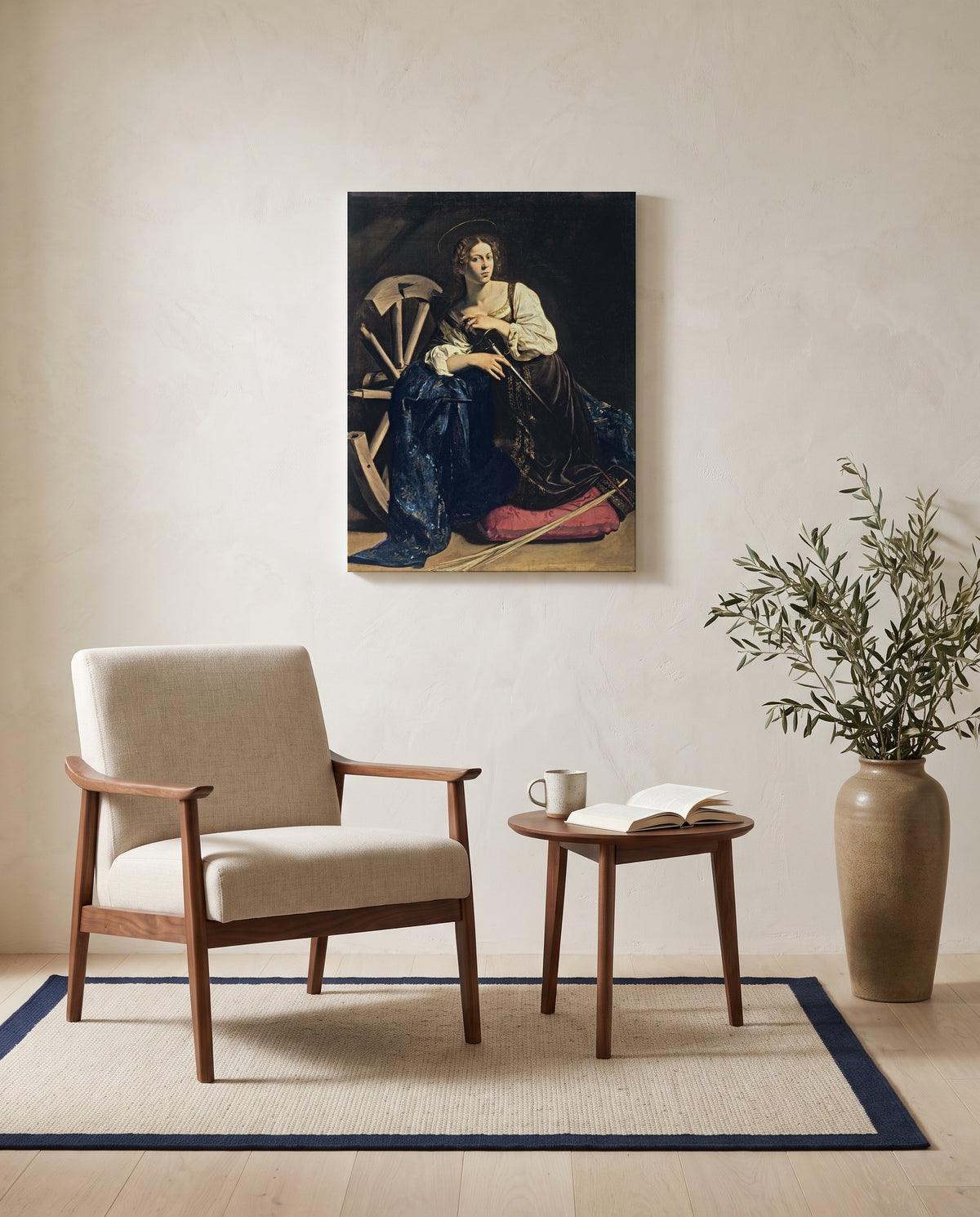 Saint Catherine by Caravaggio as a stretched canvas above a linen lounge chair in a reading corner