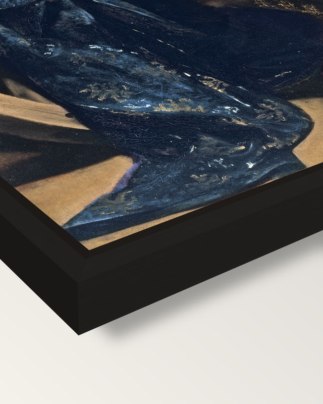 Saint Catherine by Caravaggio framed canvas, corner close-up: a black floating frame with a shadow gap round the canvas