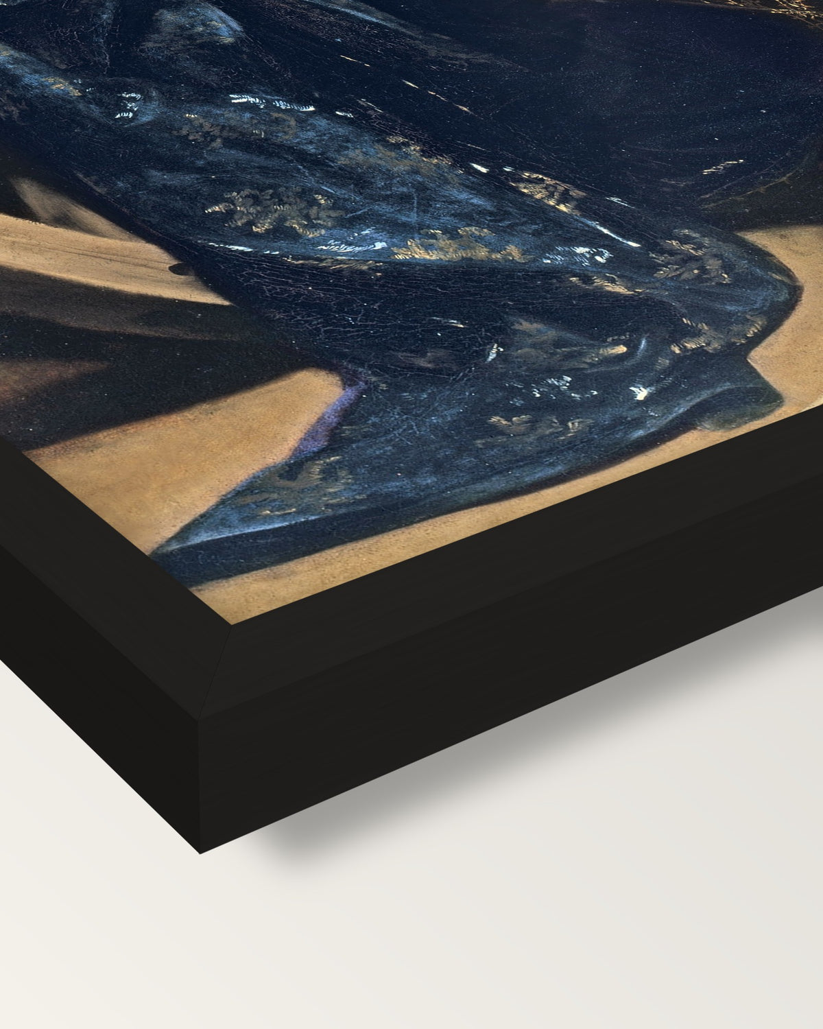 Saint Catherine by Caravaggio framed print, corner close-up: black moulding, mitred, the print set just below its edge