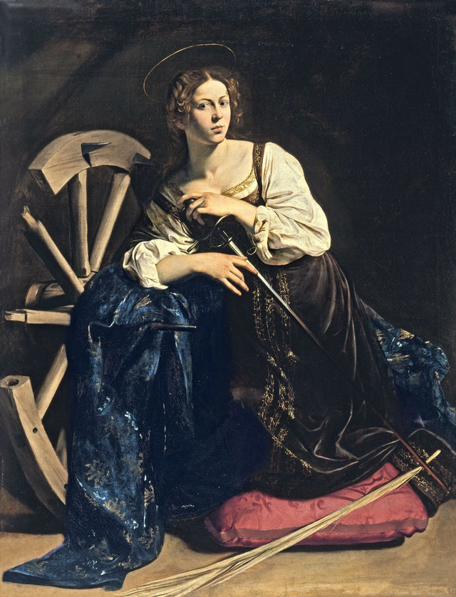 Saint Catherine of Alexandria by Caravaggio: a woman in a dark dress kneels by a wooden wheel, holding a sword