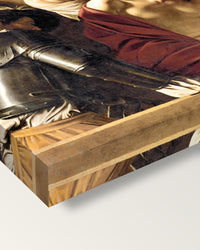 The Crowning with Thorns by Caravaggio on stretched canvas, corner close-up: the painting mirror-wrapped round the sides