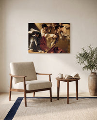 The Crowning with Thorns by Caravaggio as a stretched canvas above a linen lounge chair in a reading corner