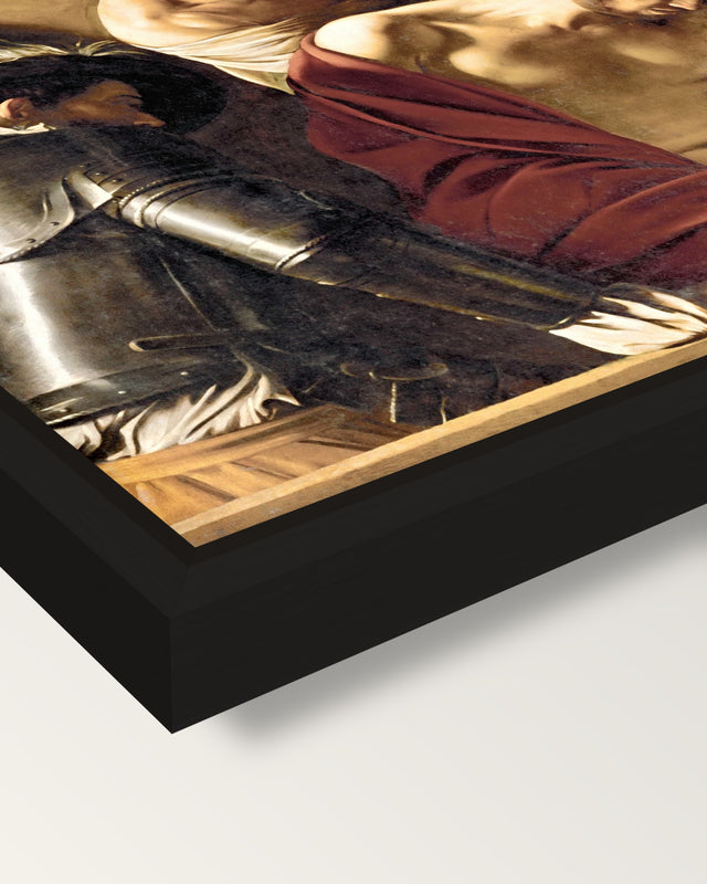 The Crowning with Thorns framed canvas, corner close-up: a black floating frame with a shadow gap round the canvas