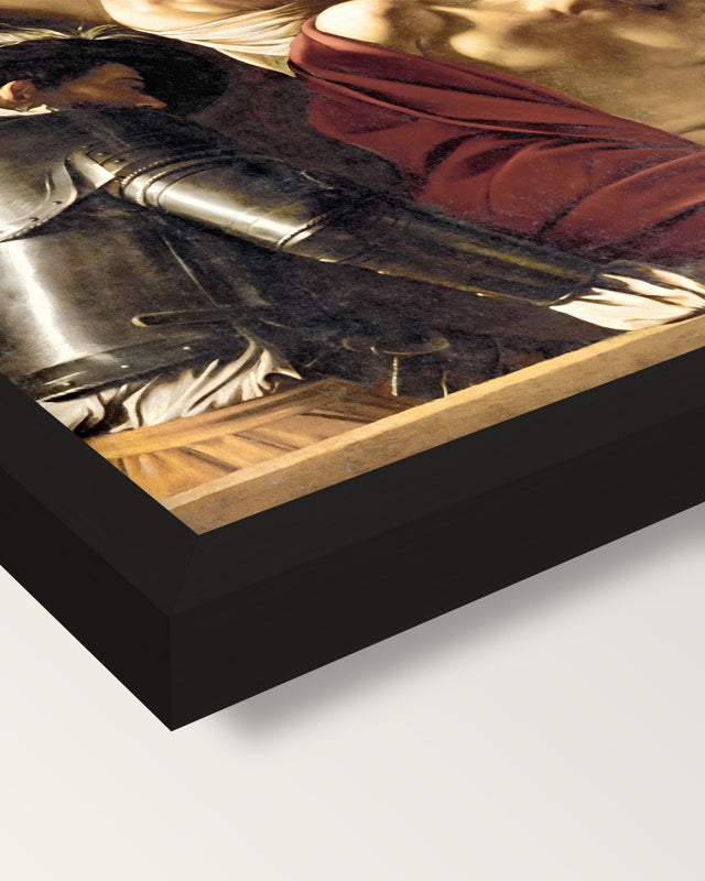 The Crowning with Thorns framed print, corner close-up: black moulding, mitred, the print set just below its edge