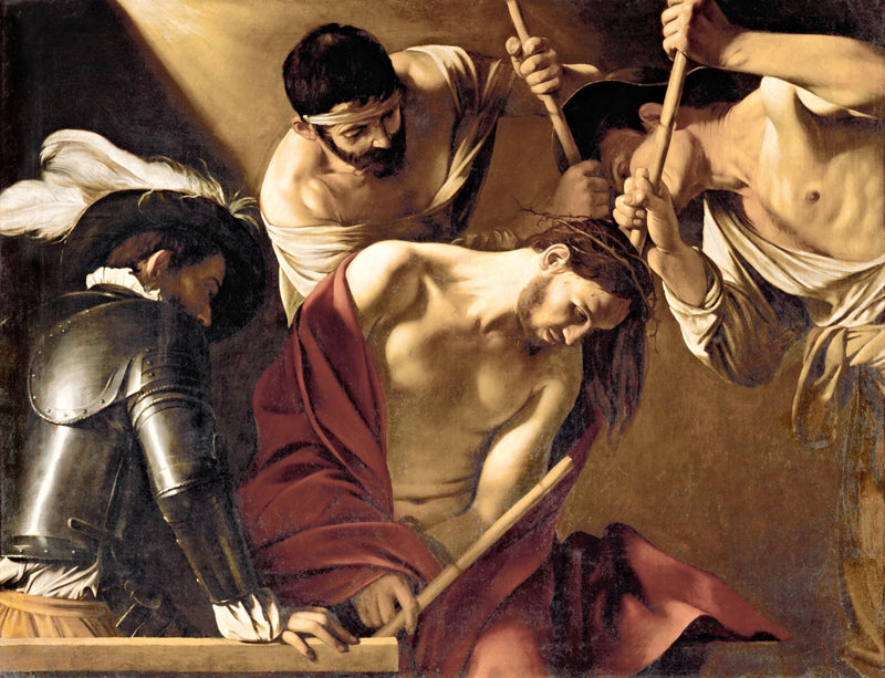 The Crowning with Thorns by Caravaggio: two men press thorns onto Christ in a red cloak, an armoured officer at left