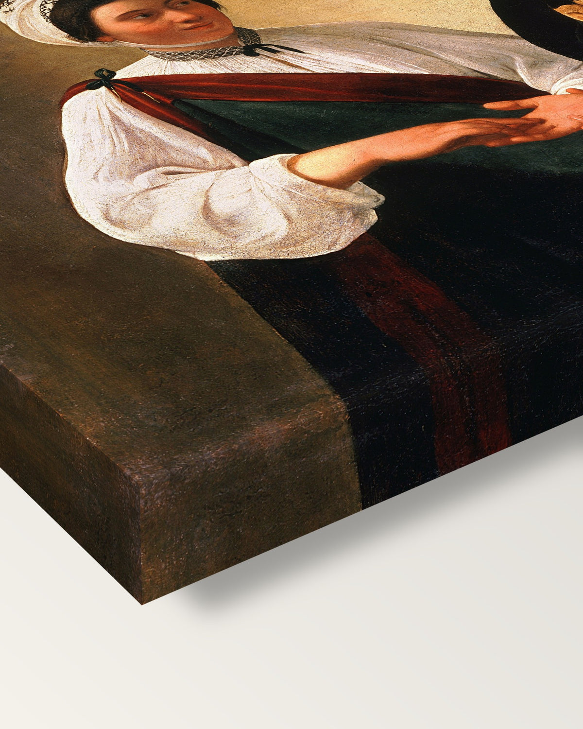 The Fortune Teller by Caravaggio on stretched canvas, corner close-up: the painting mirror-wrapped round the sides