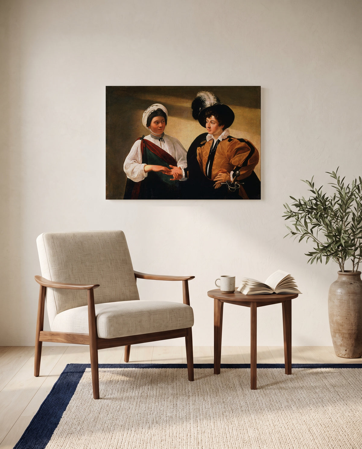 The Fortune Teller by Caravaggio as a stretched canvas above a linen lounge chair in a reading corner