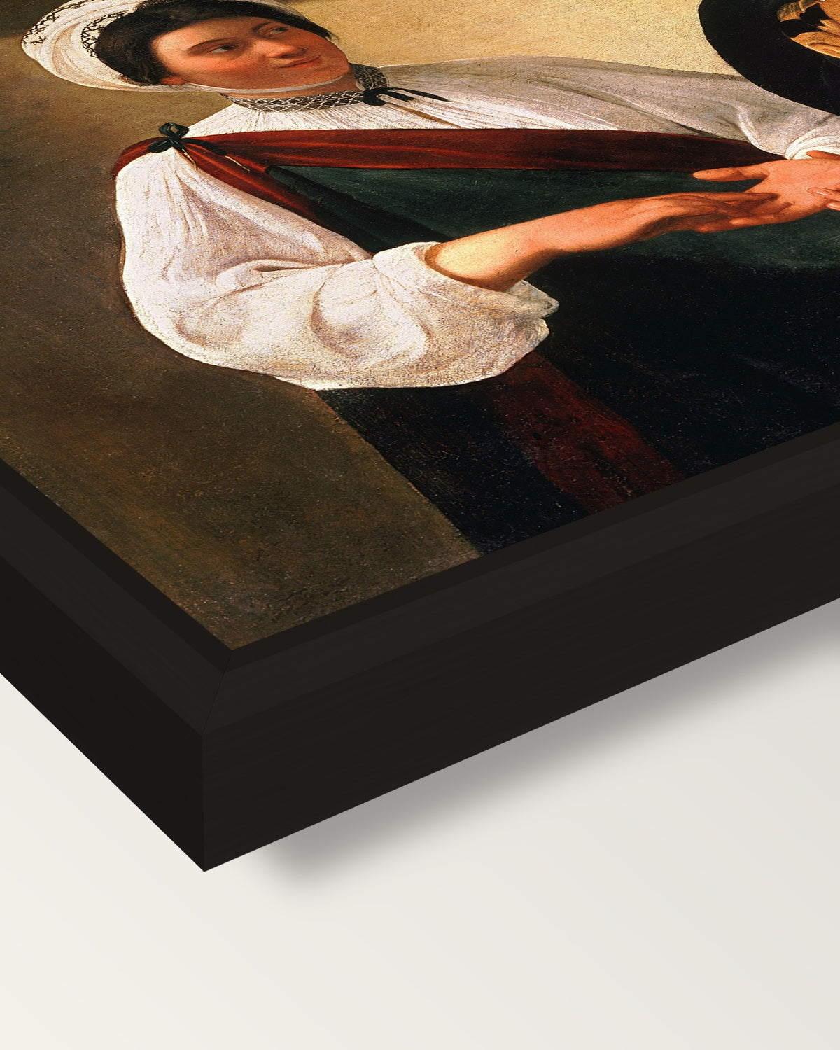 The Fortune Teller by Caravaggio framed canvas, corner close-up: a black floating frame with a shadow gap round the canvas