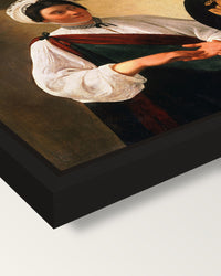 The Fortune Teller by Caravaggio framed canvas, corner close-up: a black floating frame with a shadow gap round the canvas